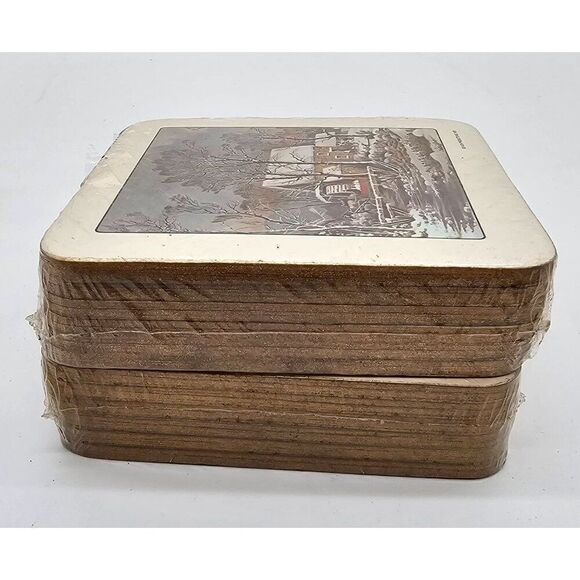 Set of 2 Vintage Avon 1978 Cork-Backed Winter Scene Coasters Set Of 6 - Picture 4 of 4